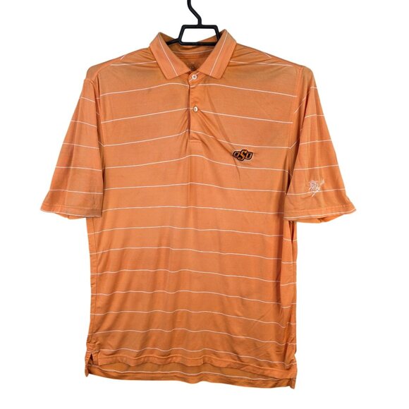 Mens Tech Orange & White Striped OSU Polo Shirt Short Sleeve Polyester Stretch M - Picture 1 of 9